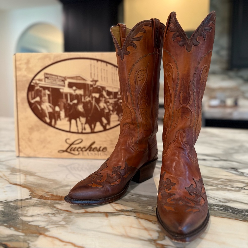 Lucchese Women’s Tall Chocolate + Saddle Brown Leather Cowboy Boots with Inlay